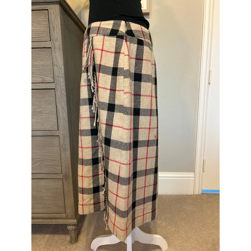 Talbots |  Wool Blend Tan Plaid Faux Wrap Midi Skirt with Fringe | 14 - Picture 7 of 10